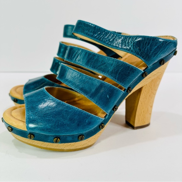 🎀 DR SCHOLL’S ORIGINAL COLLECTION FIRST BLUE BOLERO LEATHER SIZE 6B  4” SANDAL - Picture 2 of 10